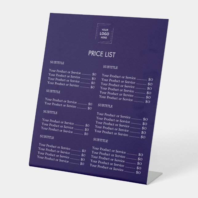 10x12 Branded Price List Tabletop Display Sign (Front)