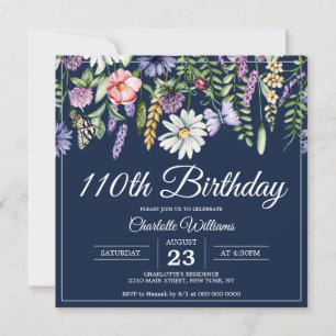 110th Birthday Wildflowers Navy Elegant 110 Years Invitation