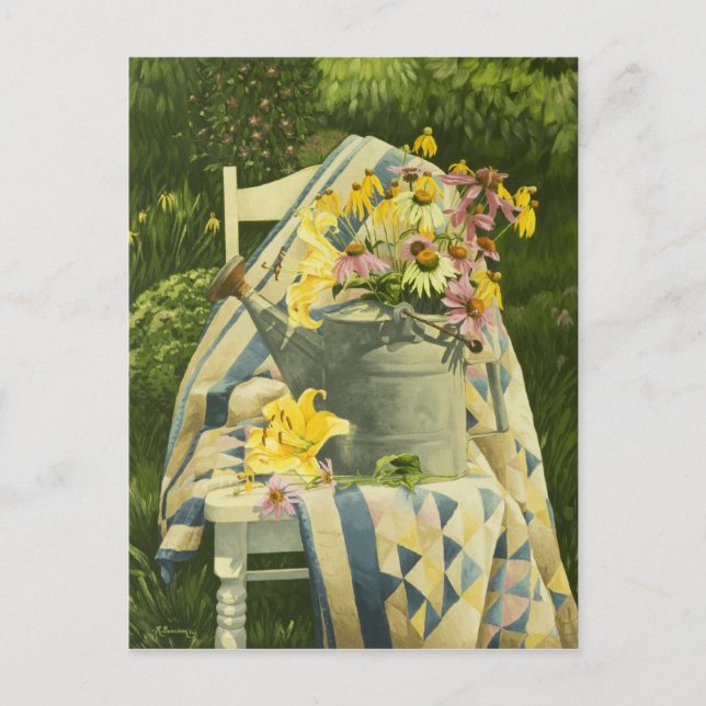 1138 Watering Can on Quilt in Garden Postcard (Front)