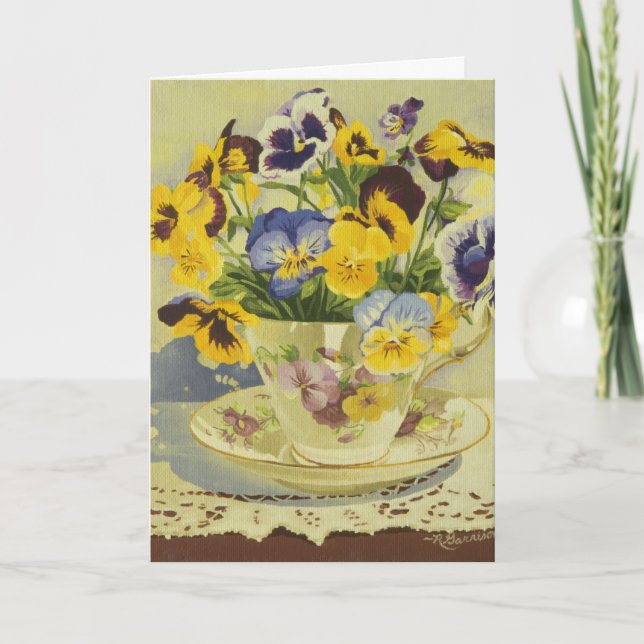 1187 Pansies en Teacup Carte d'anniversaire (Devant)