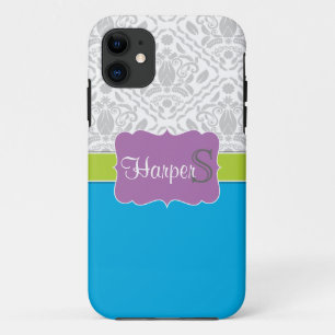11 Blue Lime Purple monogrammed damask iPhone 5 coque