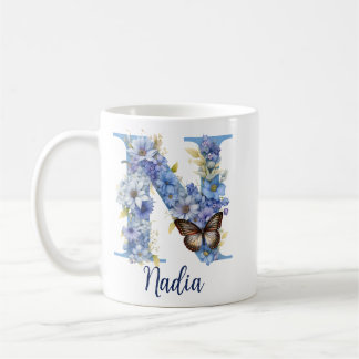 11 oz Floral Blue Monogrammed Coffee Mug