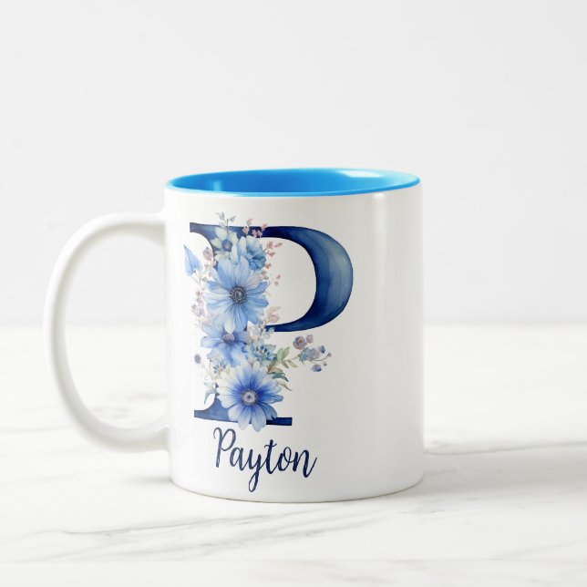 11 oz Mug de café Monogrammé Floral Bleu (Gauche)