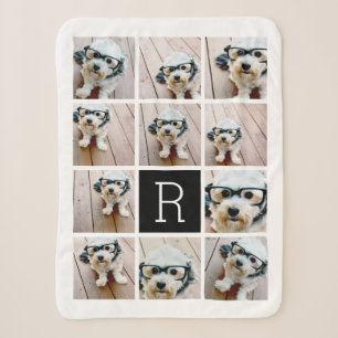 11 Photo Collage and Big Monogram black white Sherpa Blanket