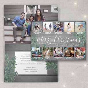 11 Photo Collage Christmas Greenery & Grey Wood Holiday Card