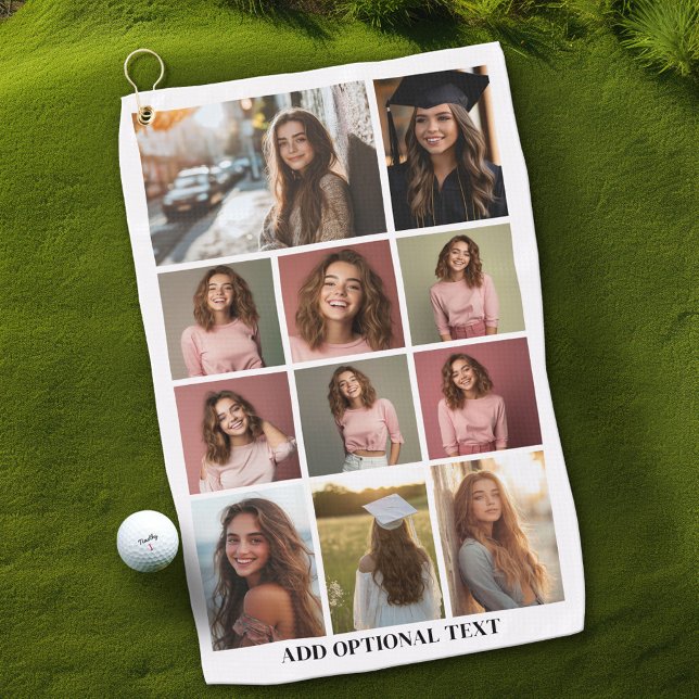 11 Photo Collage - Custom Text - Black and White Golf Towel (Custom Golf Towel with Photo Collage)
