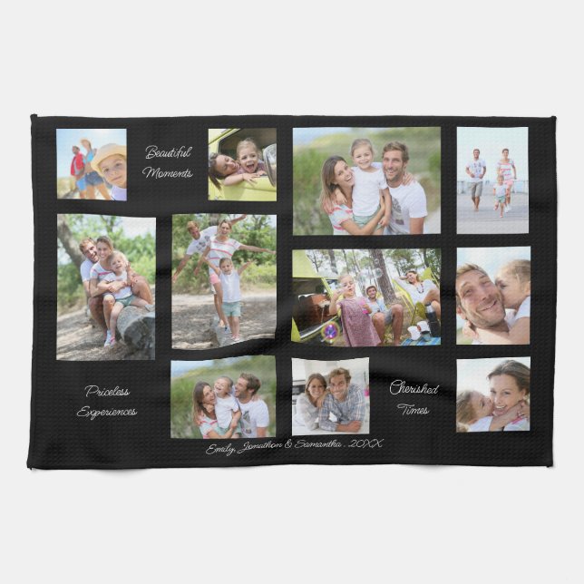 11 Photo Collage Family Sentimental Quotes Black Kitchen Towel (Horizontal)