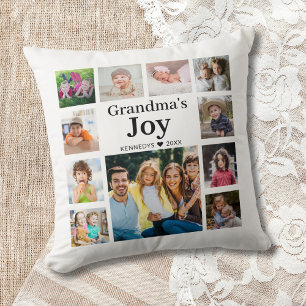 11 Photo Collage Grandma’s Joy Family Name   Throw Pillow
