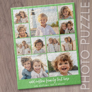 11 Photo Collage Modern Minimal Green Jigsaw Puzzle