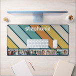 11 Photo Collage Retro Stripe - blue and gold Desk Mat<br><div class="desc">This fun photo montage includes a place for 11 pictures. The grid includes a square shaped photo collage with plenty of room to add your favourite party pics. The retro stripe pattern in muted sunset colours adds a bit of whimsy to the design. Square photos work best with this template....</div>