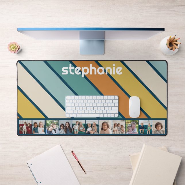 11 Photo Collage Retro Stripe - blue and gold Desk Mat (Office 1)