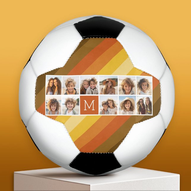 11 Photo Collage Retro Stripes Warm Sunset Colours Soccer Ball (Custom Soccer Ball)