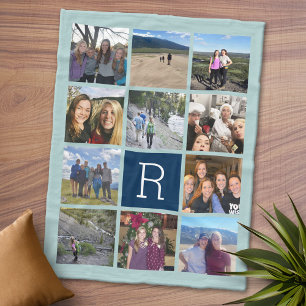 11 Photo Collage with Monogram Can Edit Back Fleece Blanket