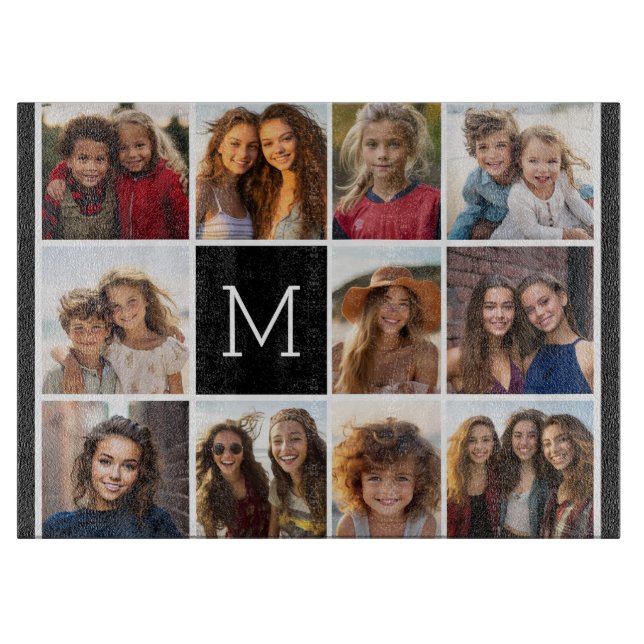 11 Photo Grid Collage with Monogram Cutting Board (Front)