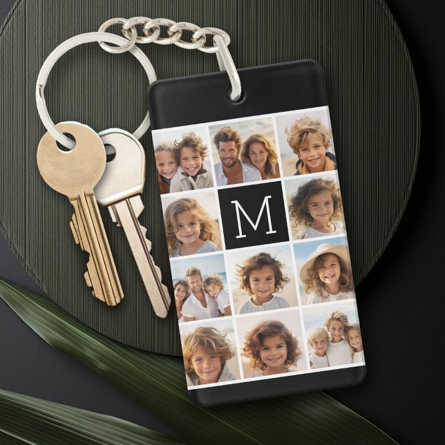 11 Photo Grid Collage with Monogram Keychain (Personalized keychain - photo collage)