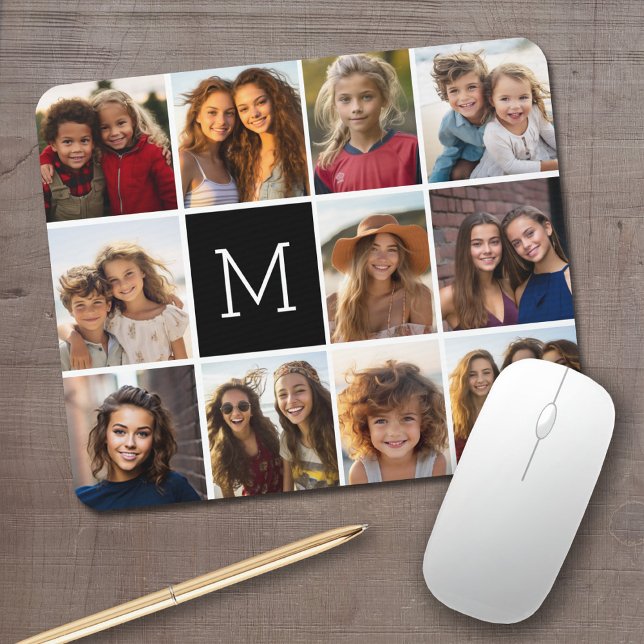 11 Photo Grid Collage with Monogram Mouse Pad (Personalized Mousepad - Add Your Photos to this template)