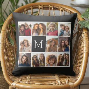 11 Photo Grid Collage with Monogram Throw Pillow