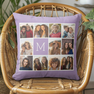 11 Photo Grid Collage with Monogram Throw Pillow