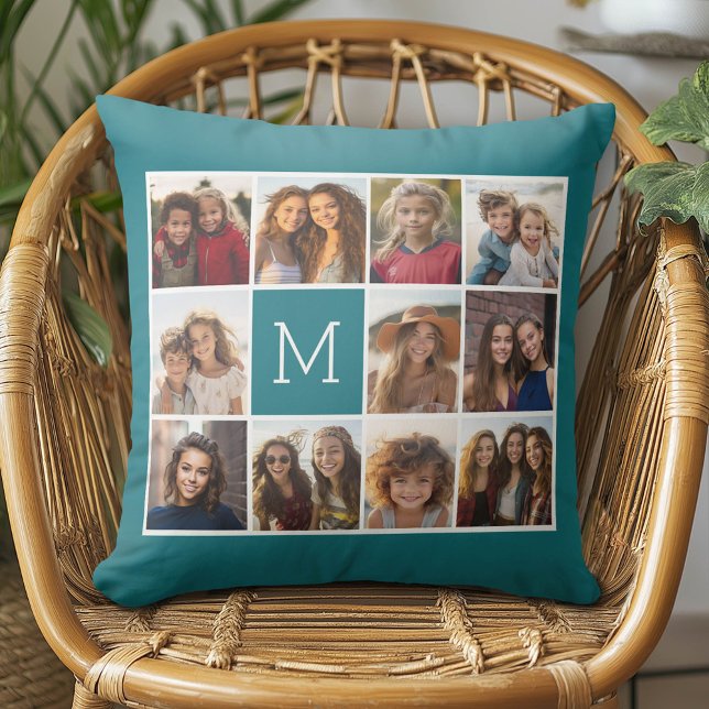 11 Photo Grid Collage with Monogram Throw Pillow (Custom Photo Pillow - Add Your Own Pics!)