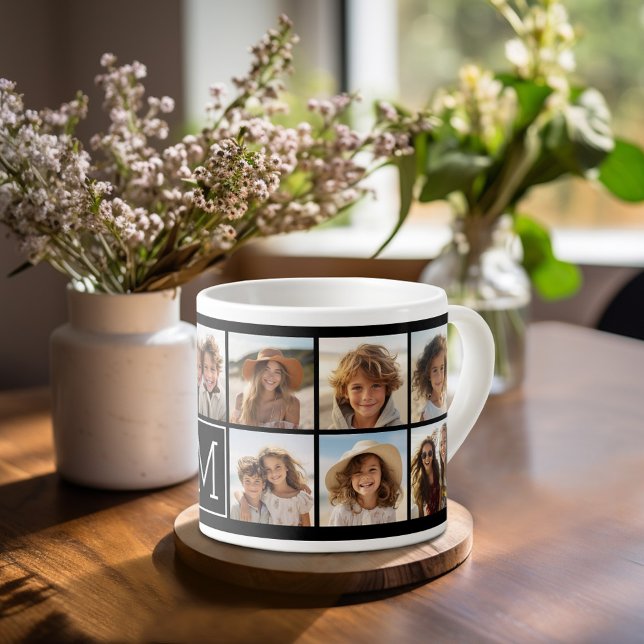 11 Photo Instagram Collage Custom Black Monogram Espresso Cup (espresso mug - personalize with your photos)