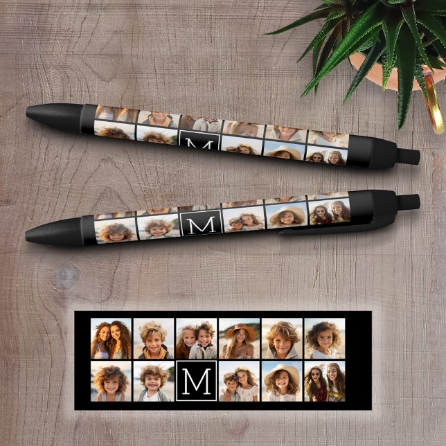 11 Photo Instagram Collage Custom Black Monogram Ink Pen (Personalized Writing Pen with Photos and Text - Custom Pens)