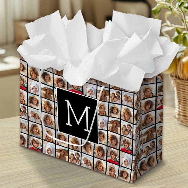 11 Photo Instagram Collage Custom Black Monogram Large Gift Bag (Custom Photo Gift Bag)