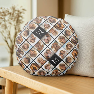 11 Photo Instagram Collage Custom Black Monogram Round Pillow