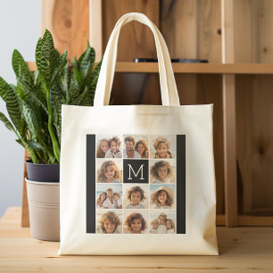 11 Photo Instagram Collage Custom Black Monogram Tote Bag