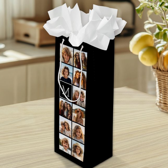 11 Photo Instagram Collage Custom Black Monogram Wine Gift Bag (Custom Gift Bag with Multiple Photos)