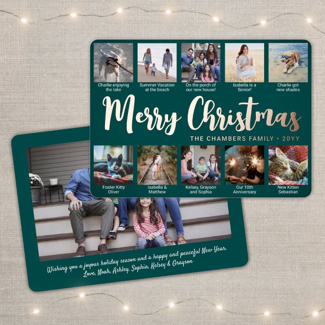 11 Photo Teal Green Merry Christmas Modern Collage Foil Holiday Card (Creator Uploaded)