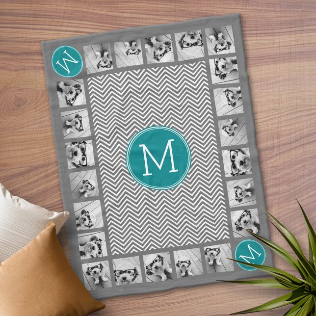 11 Photos Turquoise Charcoal Chevrons Monogram Fleece Blanket (Personalized Fleece Blanket)