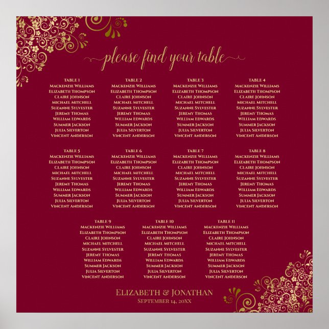 11 Table Gold on Burgundy Wedding Seating Chart (Front)