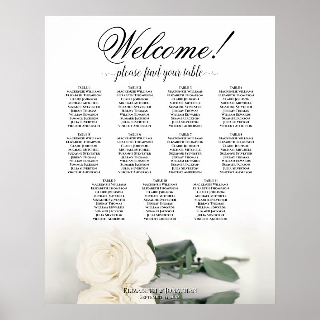 11 Table Ivory White Rose Wedding Seating Chart (Front)