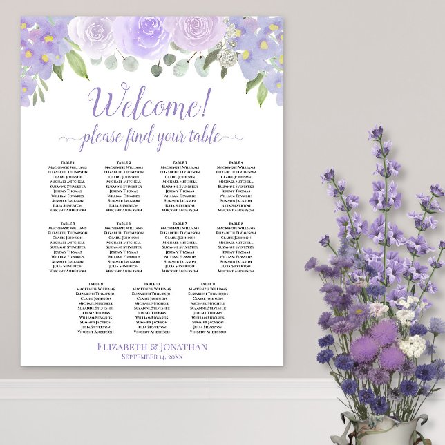 11 Table Lavender Boho Roses Wedding Seating Chart (In Situ on Wall with Flowers)