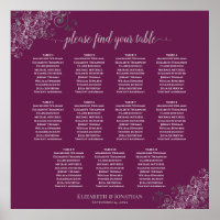 11 Table Magenta Plum Wedding Seating Chart Silver