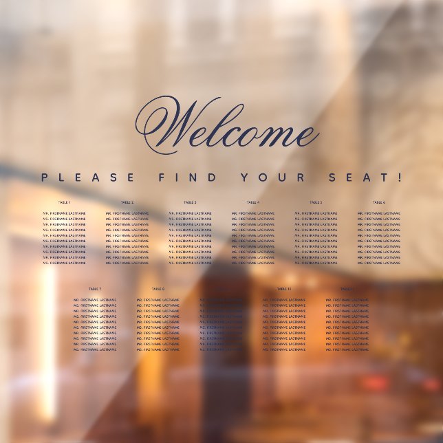 11 Table Seating Chart Transparent Blue Script Window Cling (Sheet 2)