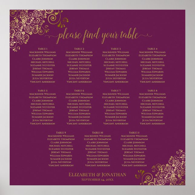 11 Table Wedding Seating Chart Cassis Purple Gold (Front)