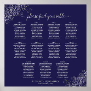 11 Table Wedding Seating Chart Silver on Navy Blue