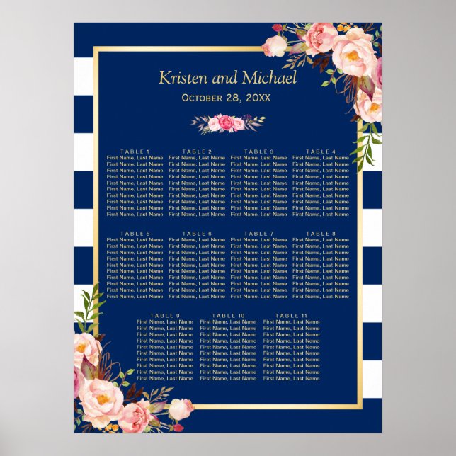 11 Tables Wedding Seating Chart | Navy Blue Floral (Front)