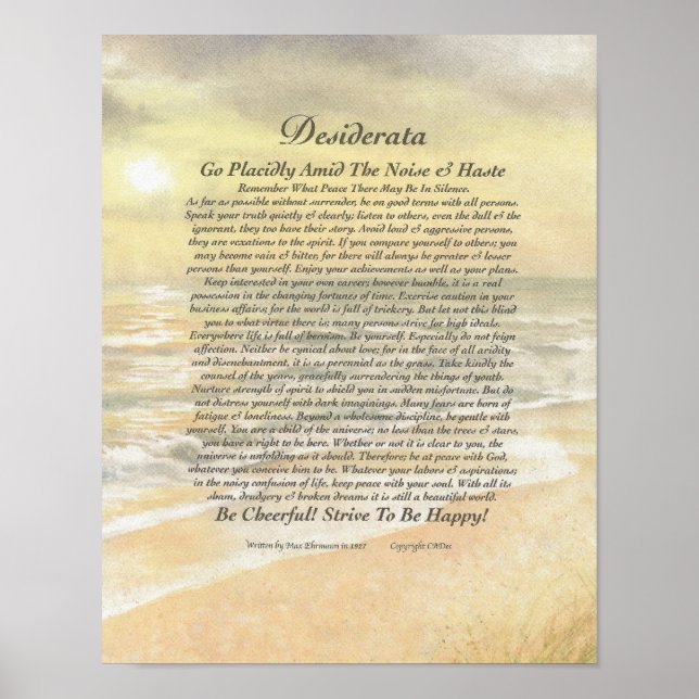 11 x 14 Desiderata Poster on Golden Ocean Sunset (Front)