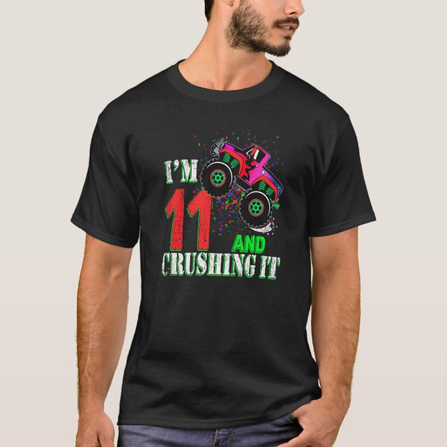 11 Year Old Girl 11th Birthday Monster Truck Boy C T-Shirt (Front)