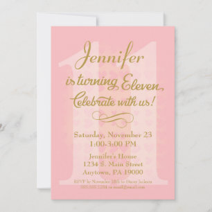 11e anniversaire Invitation Filles Coeurs d'or ros