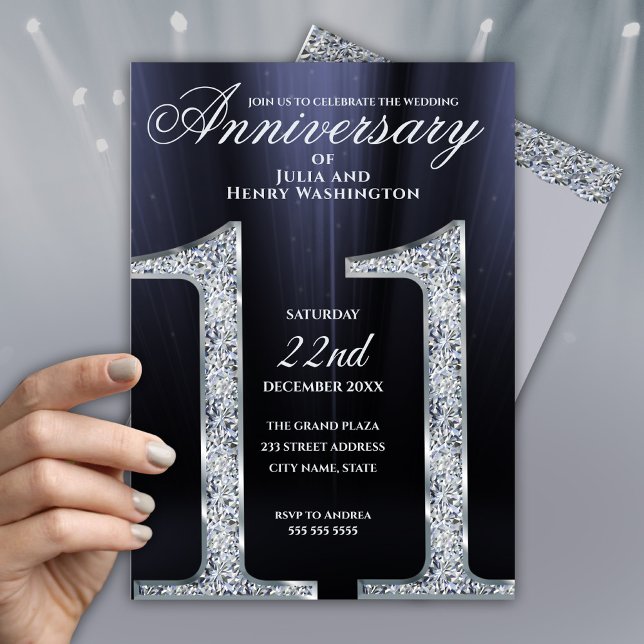 11th Anniversary Diamond Silver Dark Blue Years Invitation (Creator Uploaded)