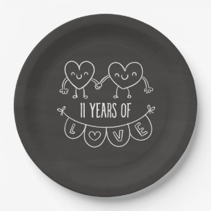 11th Anniversary Gift Chalk Hearts Paper Plate