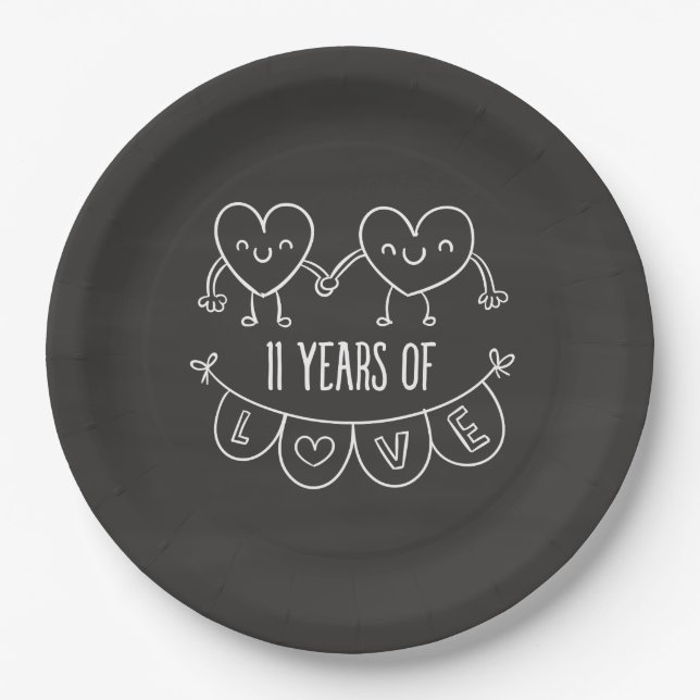 11th Anniversary Gift Chalk Hearts Paper Plate (Front)