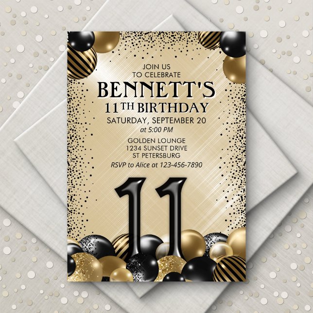 11th Balloons Black Gold Birthday Invitation (Creator Uploaded)