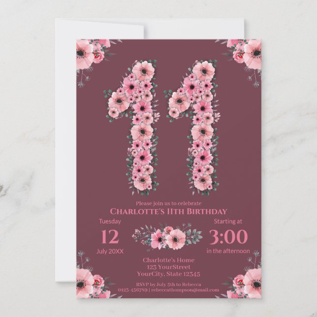 11th Big Birthday Girl Pink Flowers Green Foliage Invitation (Front)
