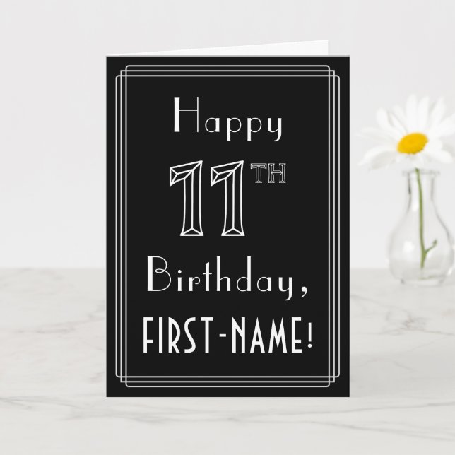 11th Birthday: Art Deco Style # 11 & Custom Name Card (Small Plant)