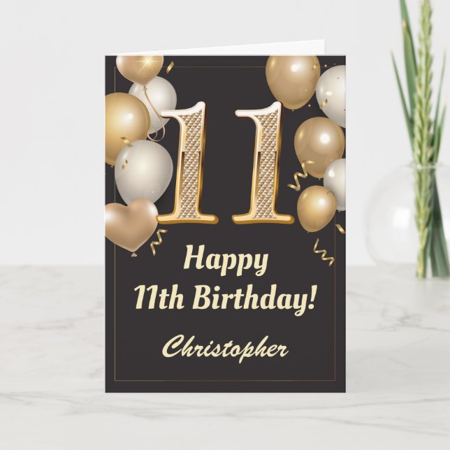 11th Birthday Black and Gold Balloons Confetti Card (Front)