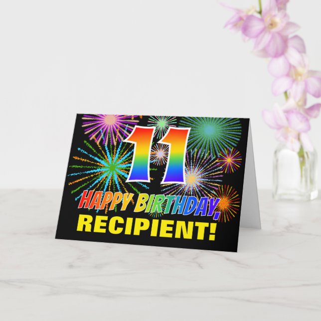 11th Birthday: Bold, Fun, Fireworks, Rainbow 11 Card (Orchid)